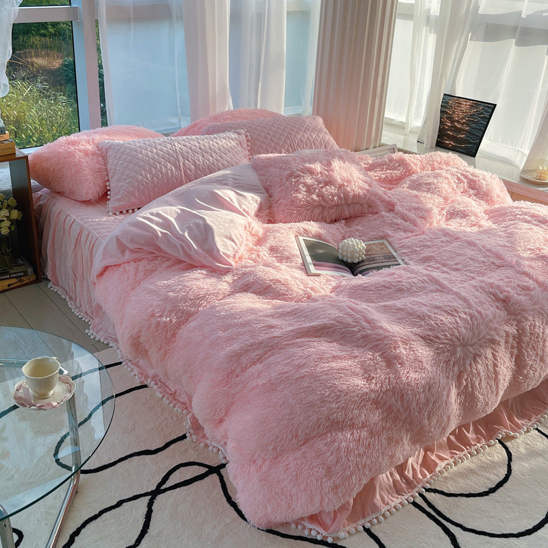 Housse de couette en laine longue quatre pièces en fourrure de vison d'hiver en fibre de lait, velours corail, double face, peluche, doublée de polaire, jupe de lit matelassée, style princesse