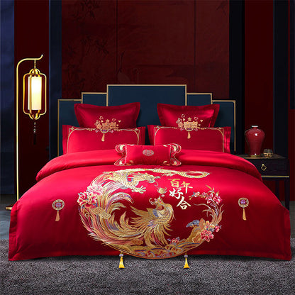 Red Wedding Four-piece Set Wholesale Cotton Wedding Embroidery Bedding Pure Cotton Marriage Bed Xi Quilt Cover Dragon And Phoenix