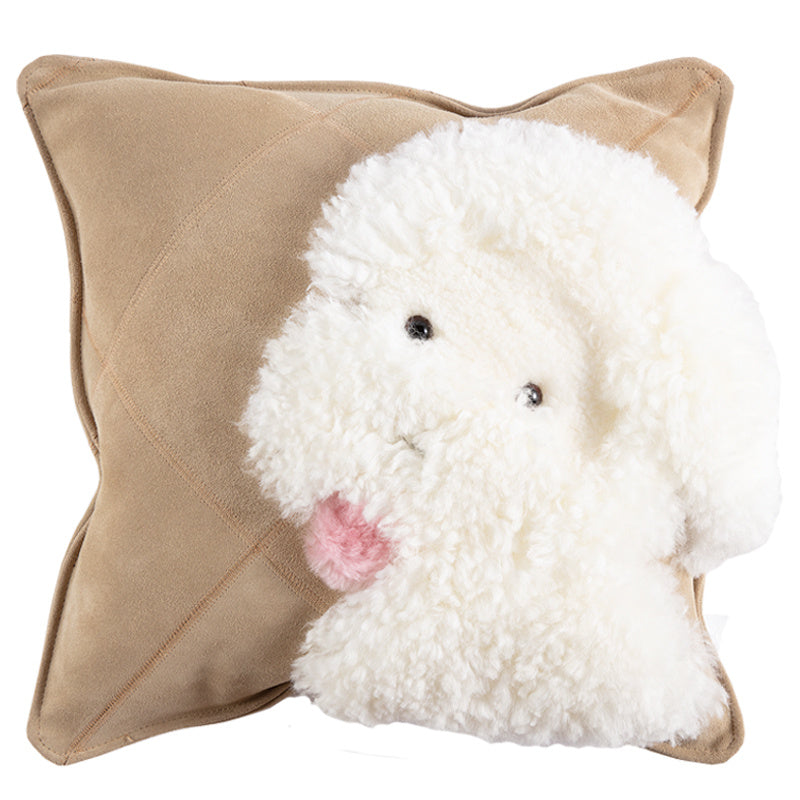 Coussin en laine et peau de vache avec dessin animé de chien