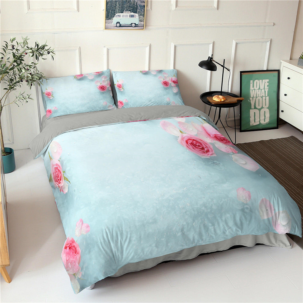 Rose Flower Series Three-piece Bedding Digital Printing Flower Bed Linen Pillowcase