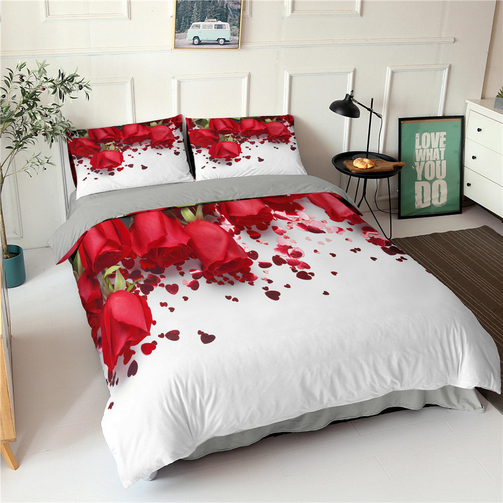 Rose Flower Series Three-piece Bedding Digital Printing Flower Bed Linen Pillowcase