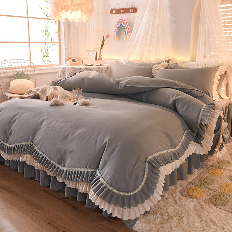 Light Luxury Nude Sleeping Princess Style Four-piece Lotus Leaf Lace Double Bed Sheet Duvet Cover With Bed Skirt Girl Solid Color Bed