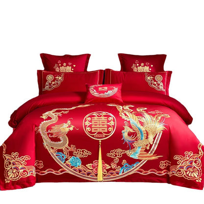 Red Wedding Four-piece Set Wholesale Cotton Wedding Embroidery Bedding Pure Cotton Marriage Bed Xi Quilt Cover Dragon And Phoenix