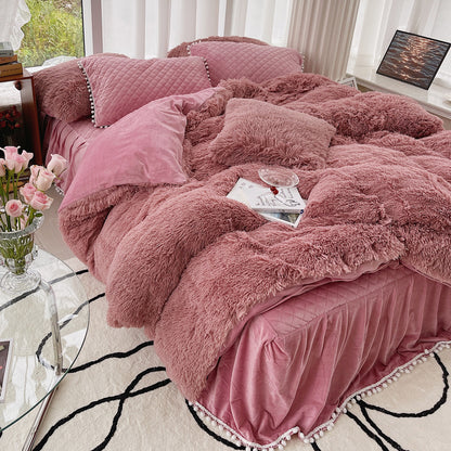 Housse de couette en laine longue quatre pièces en fourrure de vison d'hiver en fibre de lait, velours corail, double face, peluche, doublée de polaire, jupe de lit matelassée, style princesse