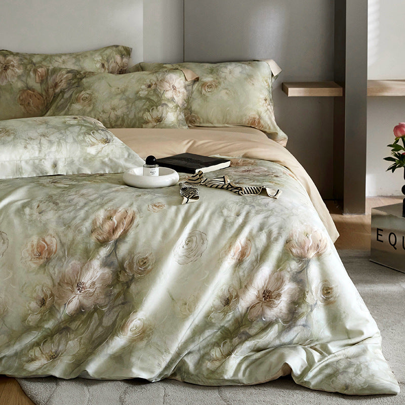 Juego de cama de cuatro piezas con estampado digital de tencel y flores