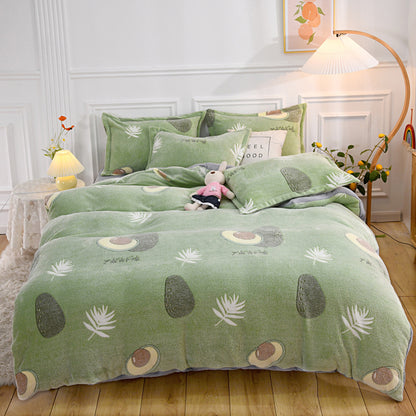 Four-piece Set Of Printed Thick Warm Coral Fleece Sheets