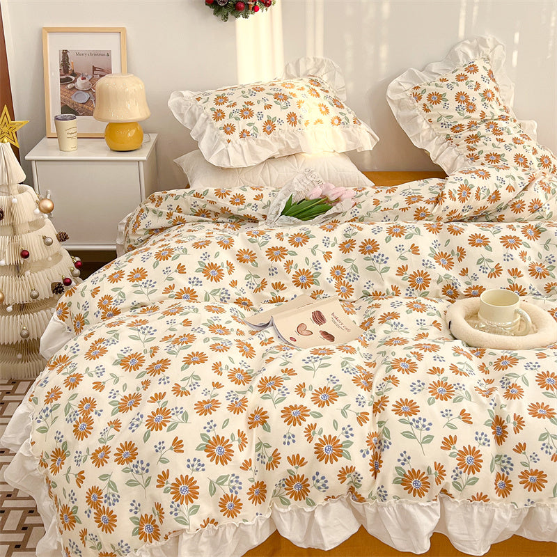 French Blue Rose Ruffle Cotton 4-Piece Lace Twill Bedding