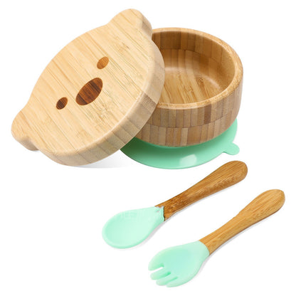 Baby Bamboo Wood Complementary Food Bowl Bear Bowl Baby Training Eating Sucker Bowl