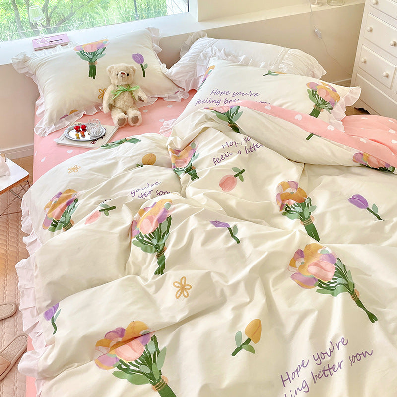 Bonita cama de algodón de verano con diseño de princesa y viento, de tres piezas, con dibujos animados