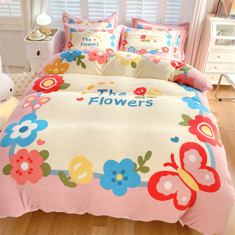 Cute Cartoon Milk Velvet Bedding Set Of Four