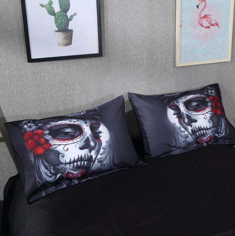 Parure de lit noire avec tête de mort et drap de style Halloween, pour lit Queen, King, double, en coton mélangé, avec housse de couette et tête de mort