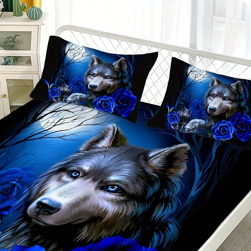 Wolf Blue Rose Pattern Three-piece Bed Sheet Set Bedroom Guest Room School Dormitory