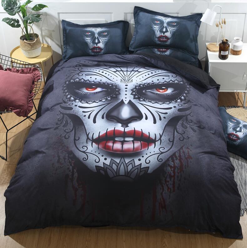 Parure de lit noire avec tête de mort et drap de style Halloween, pour lit Queen, King, double, en coton mélangé, avec housse de couette et tête de mort