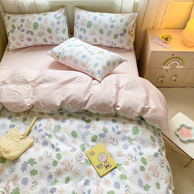 Housse de couette imprimée pour fille de dessin animé, drap de lit en coton quatre pièces