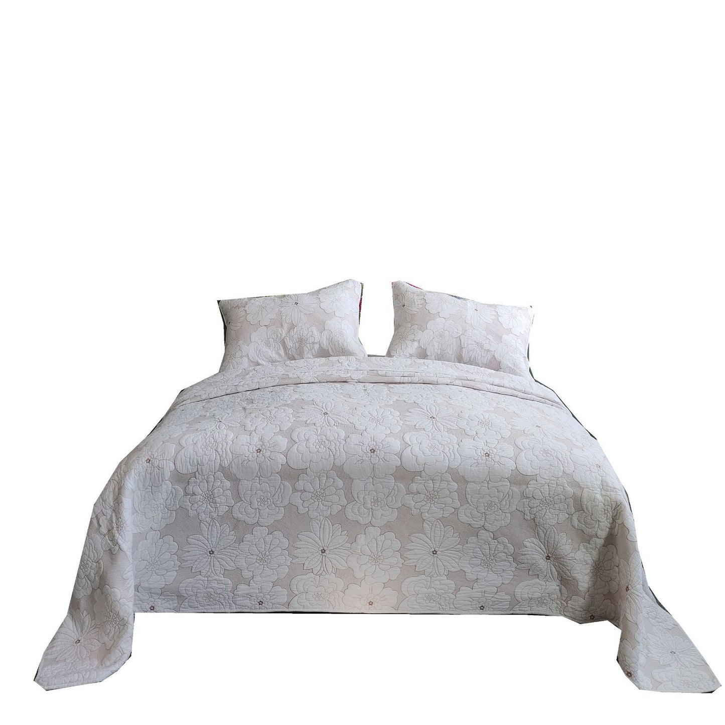 Parure de lit trois pièces en coton épais avec broderie camélia blanc beige pur