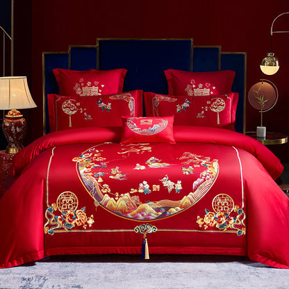 Red Wedding Four-piece Set Wholesale Cotton Wedding Embroidery Bedding Pure Cotton Marriage Bed Xi Quilt Cover Dragon And Phoenix