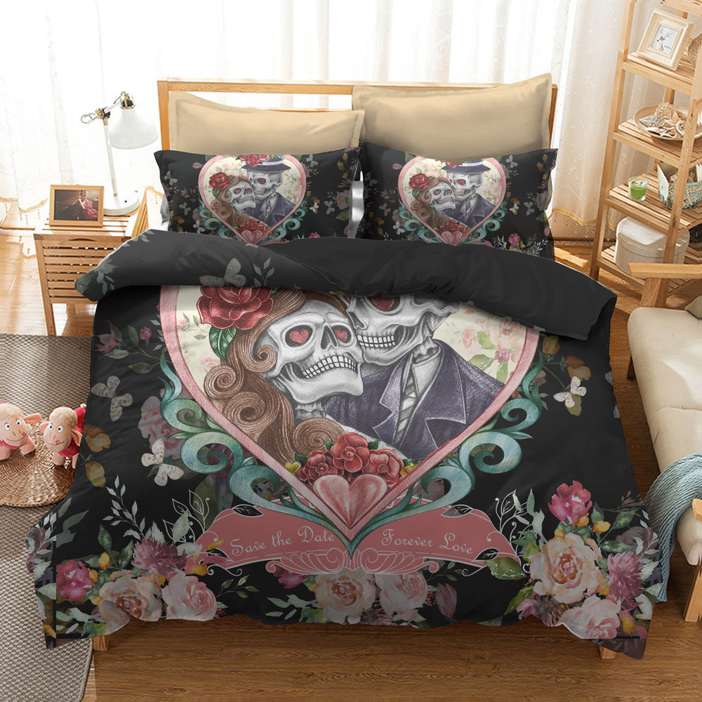 Serie de ropa de cama con diseño de calaveras y flores de acuarela