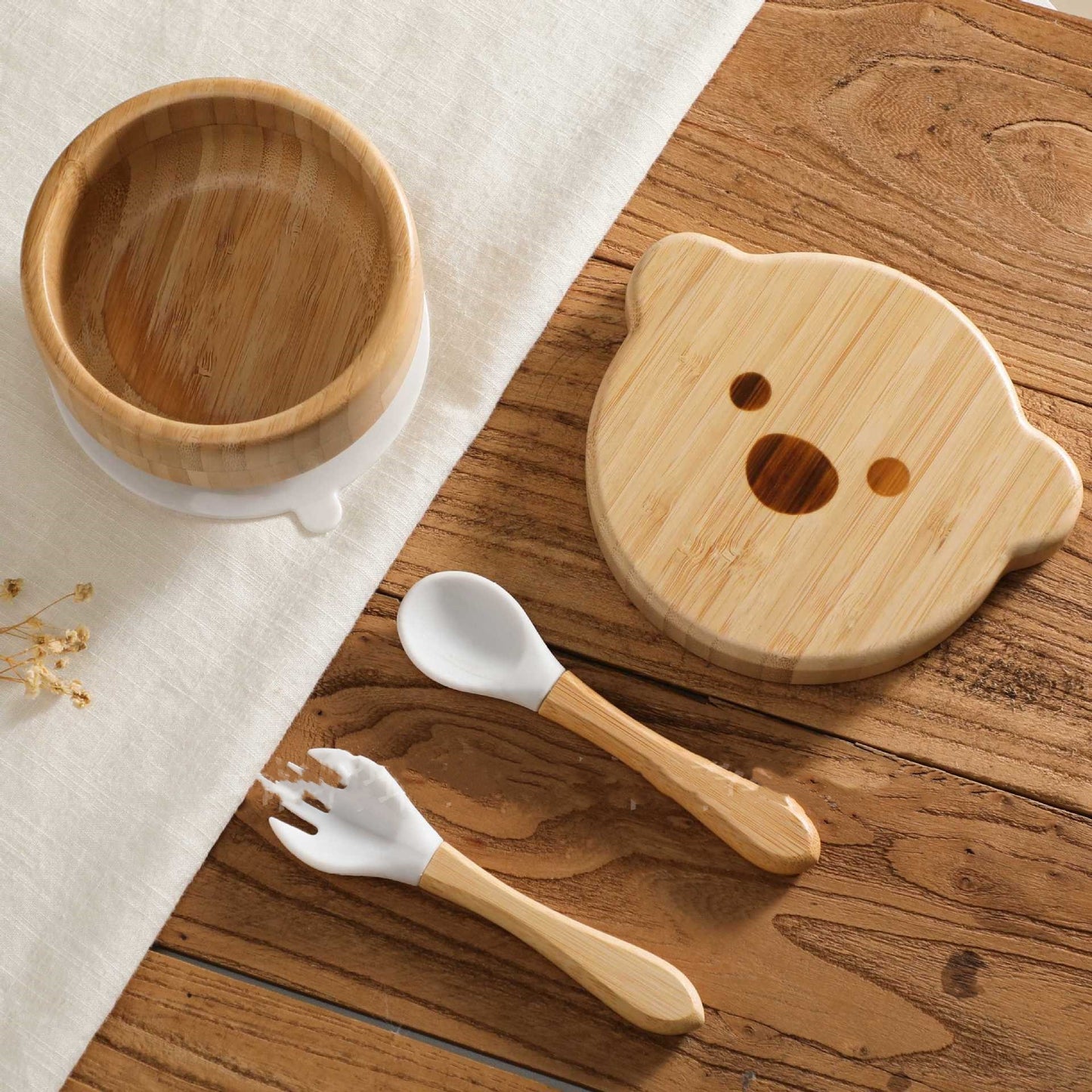 Baby Bamboo Wood Complementary Food Bowl Bear Bowl Baby Training Eating Sucker Bowl