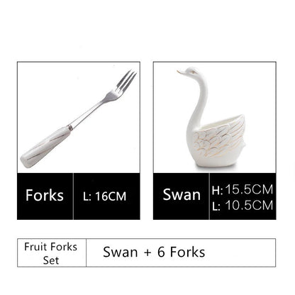 Ceramic Swan Stand Holder Fruit Forks kitchen Cutlery Cake Dessert Fork Spoon Set