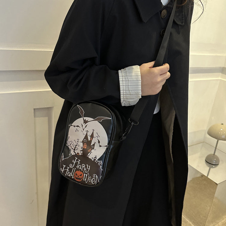 Halloween Graffiti Phone Bag Girls Funny Cartoon Pumpkin Ghost Bat Print Crossbody Bag For Women Mini Personality Creative Shoulder Bags