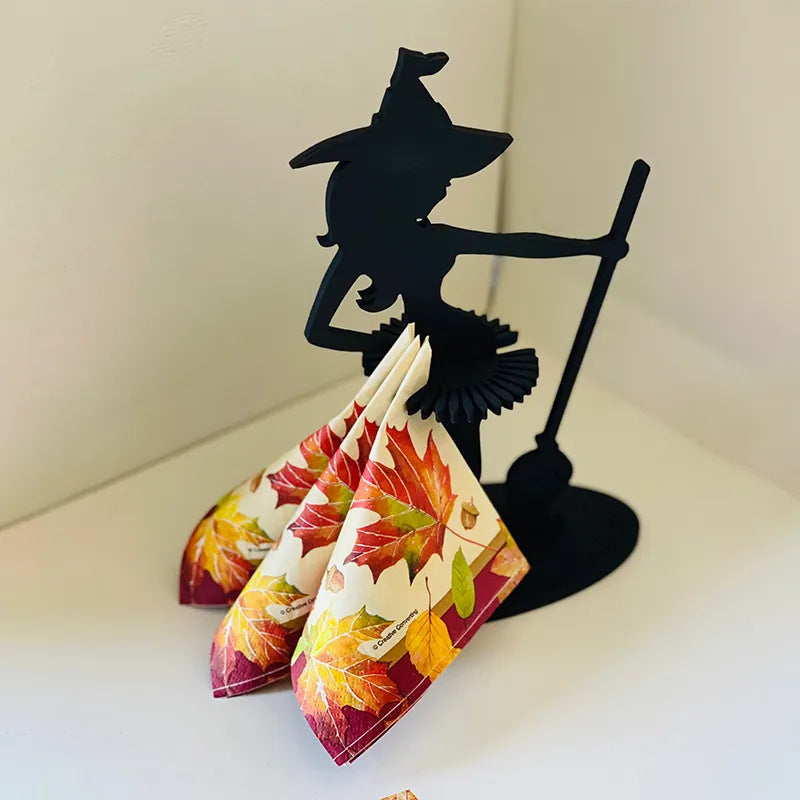 Servilletero de madera con forma de bruja para Halloween, decoración para cocina y restaurante