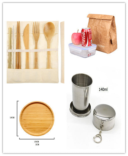 Stainless Steel Telescopic Cup Folding Cup Kraft Paper Lunch Box Bag Bamboo Utensils Set