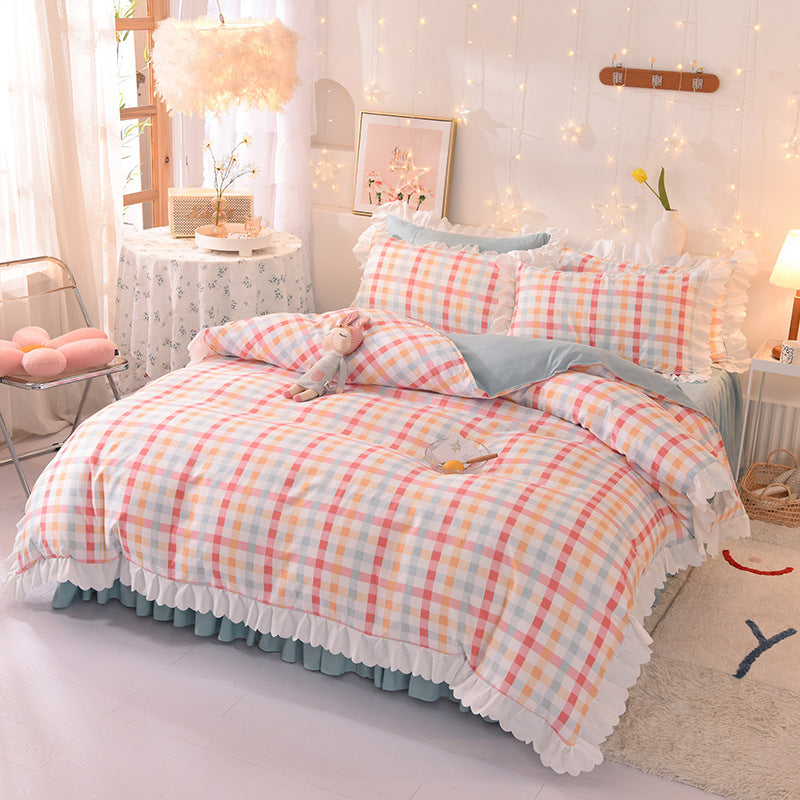 Princess Style Brushed Four-Piece Polka Dot Bed Sheet Duvet Cover