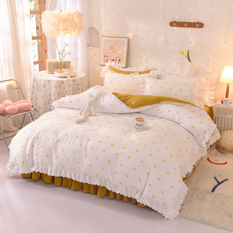 Princess Style Brushed Four-Piece Polka Dot Bed Sheet Duvet Cover