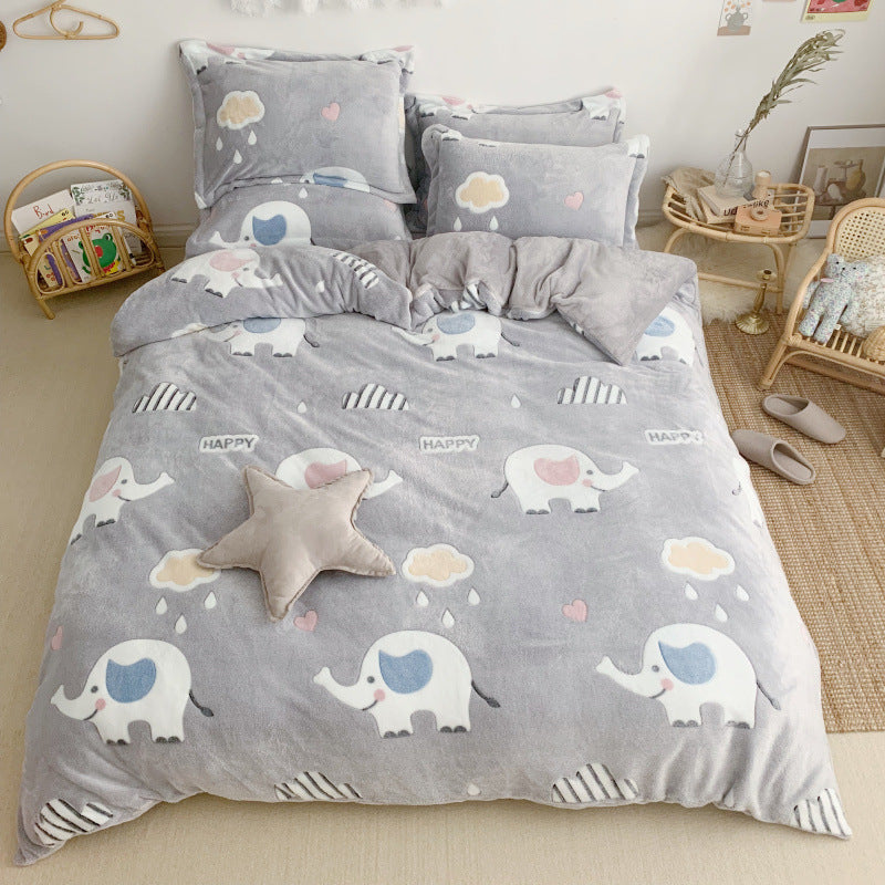 Thick and Warm Snow Fleece Four-Piece Cartoon Fleece Bedding