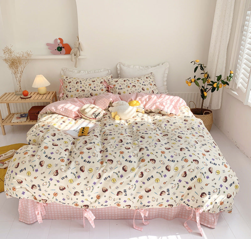 Juego de cama retro para niña, con diseño floral pequeño, de cuatro piezas, para dormitorio de estudiantes, de tres piezas