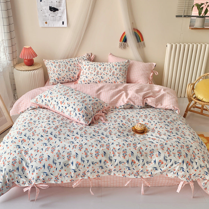 Juego de cama retro para niña, con diseño floral pequeño, de cuatro piezas, para dormitorio de estudiantes, de tres piezas