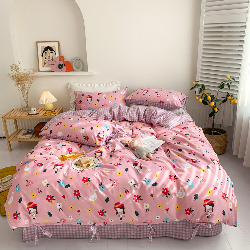 Juego de cama retro para niña, con diseño floral pequeño, de cuatro piezas, para dormitorio de estudiantes, de tres piezas