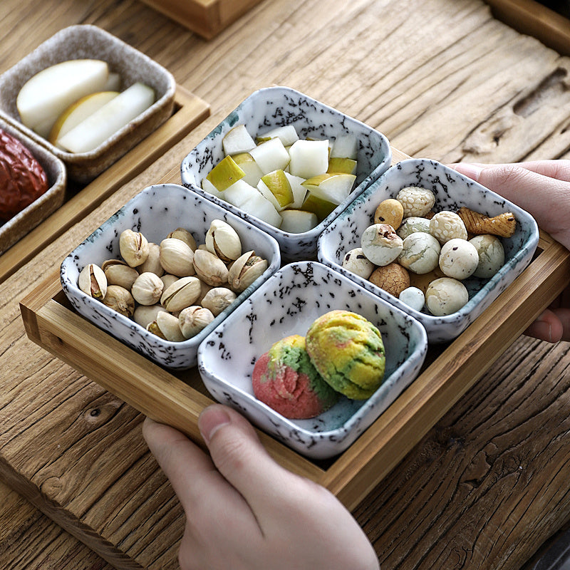 Japan Style Ceramic Fruits Plates with Bamboo Serving Tray