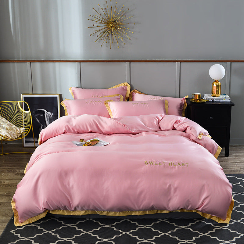 Washed Silk bed Sheet, Light Luxury Embroidered Bedding