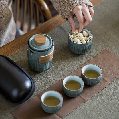 Service à thé portable en céramique avec glaçure bleue et rayures pour invités, une théière, deux tasses, quatre tasses, pour voyage en extérieur