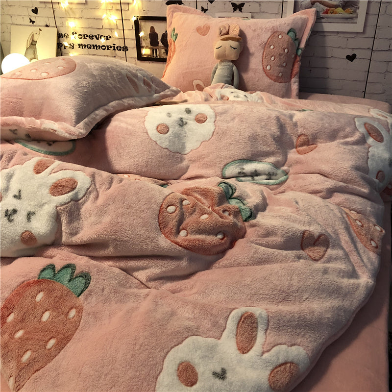 Four-Piece Princess Heart Snowflake Velvet Coral Velvet Bed Sheet Duvet Cover