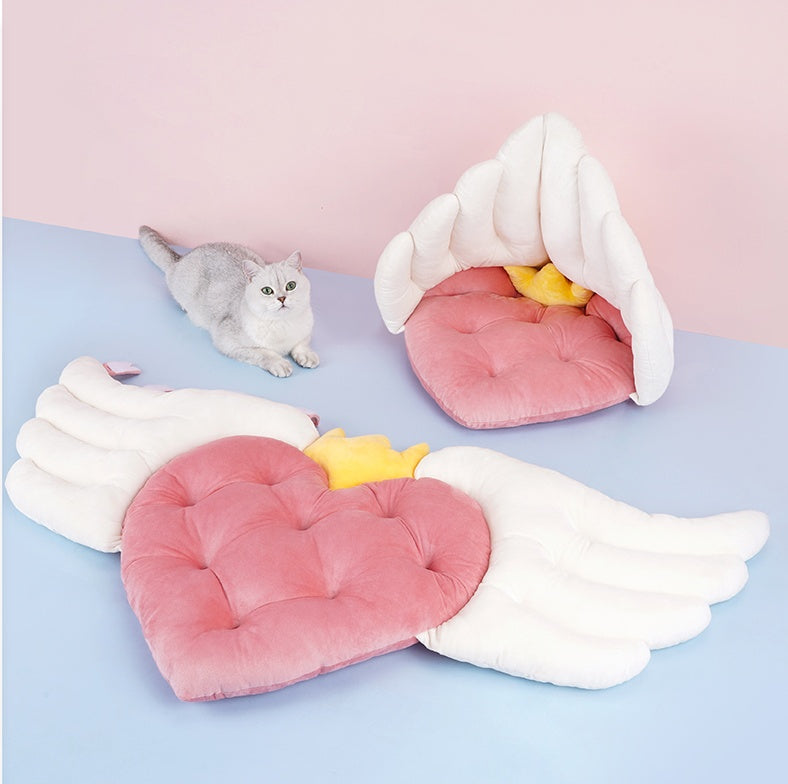 Nido de gato con alas de ángel, cama cálida para gatos para dormir en primavera, esterilla universal para gatos de cuatro estaciones, de doble uso