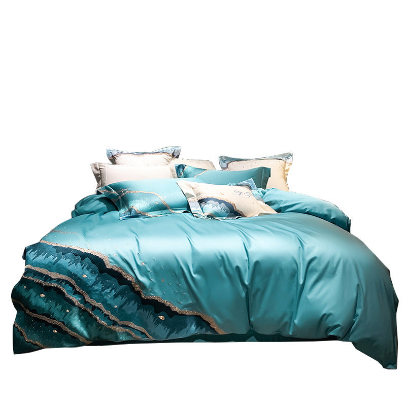 Top Grade Luxury Simple Modern 120 Thread Long Staple Cotton Satin Cotton Four Piece Ocean Embroidery Quilt Cover 2.0