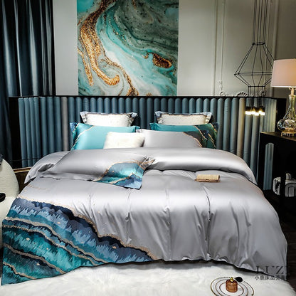 Top Grade Luxury Simple Modern 120 Thread Long Staple Cotton Satin Cotton Four Piece Ocean Embroidery Quilt Cover 2.0