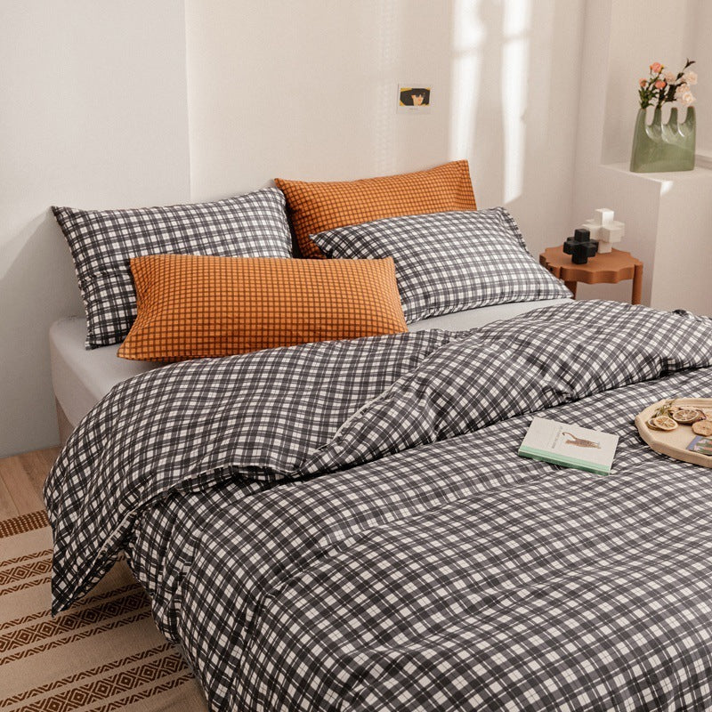 Housse de couette simple en coton quatre pièces pour hommes, housse de couette simple pour dortoir à carreaux, drap de lit trois pièces Jane