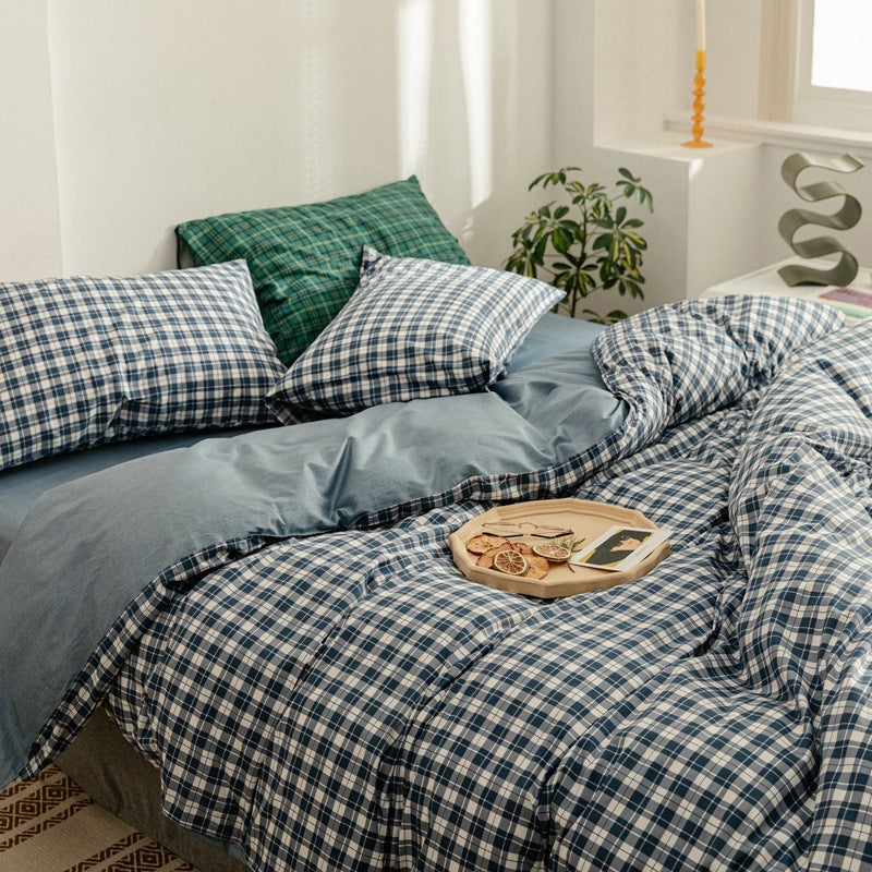 Cotton Four Piece Simple Quilt Cover Men  Plaid Dormitory Ssingle Quilt Cover Three 4-Piece Bed Sheet Jane