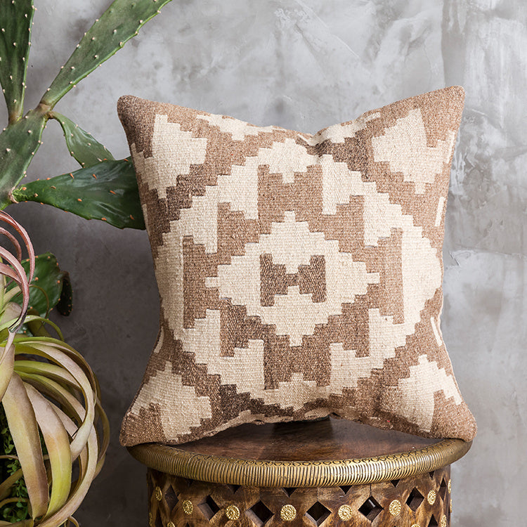 Housse de coussin en laine dure tissée à la main de style ethnique Kilim de style campagnard américain importé d'Inde