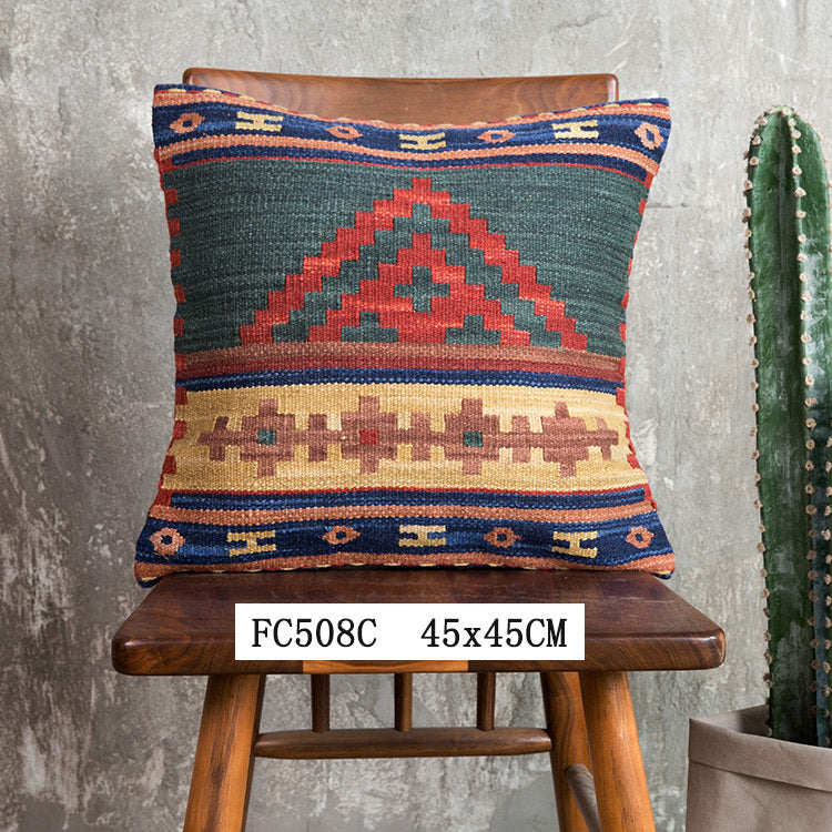 Housse de coussin en laine dure tissée à la main de style ethnique Kilim de style campagnard américain importé d'Inde