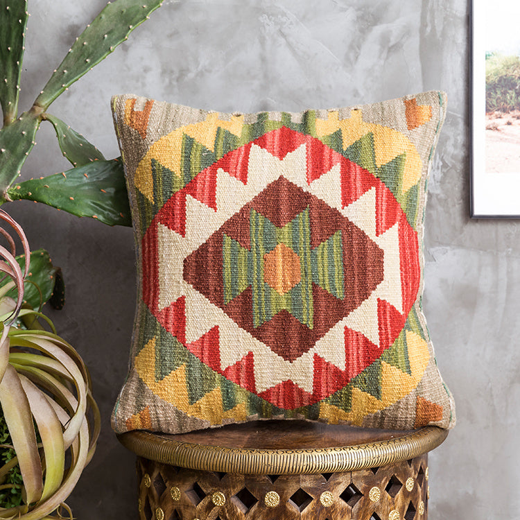 Housse de coussin en laine dure tissée à la main de style ethnique Kilim de style campagnard américain importé d'Inde