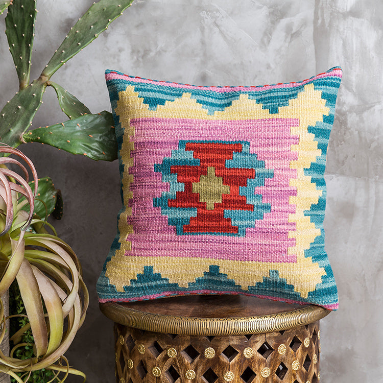 Housse de coussin en laine dure tissée à la main de style ethnique Kilim de style campagnard américain importé d'Inde