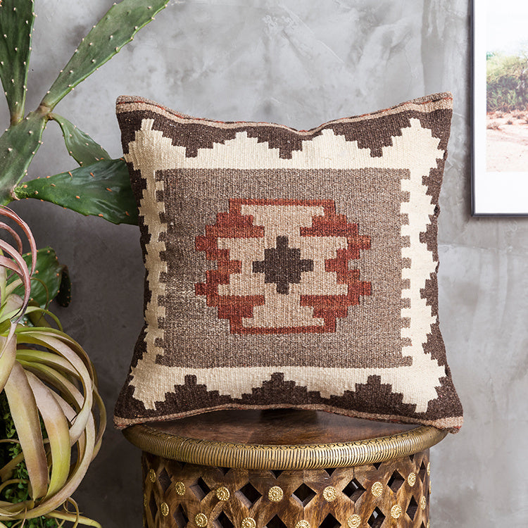 Housse de coussin en laine dure tissée à la main de style ethnique Kilim de style campagnard américain importé d'Inde