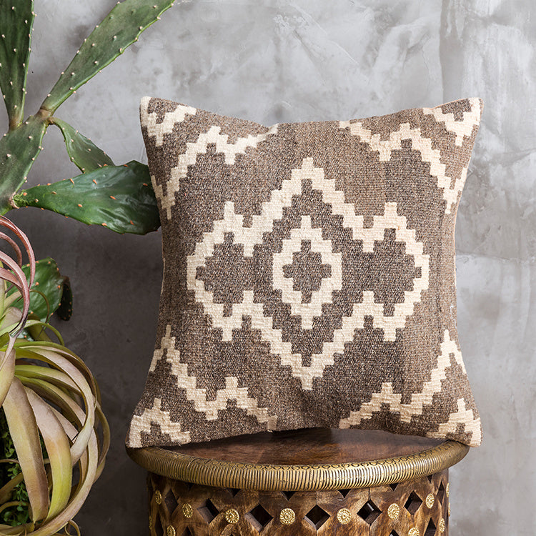 Housse de coussin en laine dure tissée à la main de style ethnique Kilim de style campagnard américain importé d'Inde