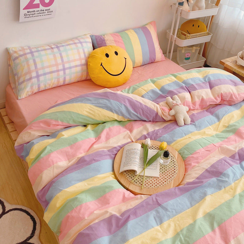 Rainbow Strips Korean Princess Style Bedding Cotton Girl Heart Sheet Duvet Cover