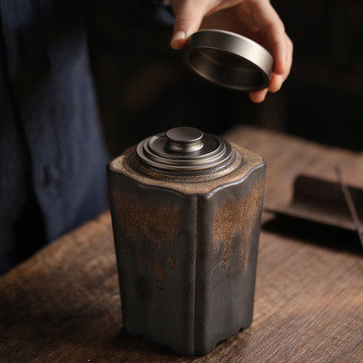 Antique Gilt Hand-Packed Tea Caddy Ceramic Stoneware Airtight Jar Large