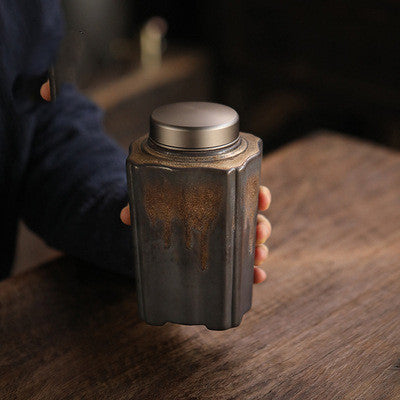 Antique Gilt Hand-Packed Tea Caddy Ceramic Stoneware Airtight Jar Large